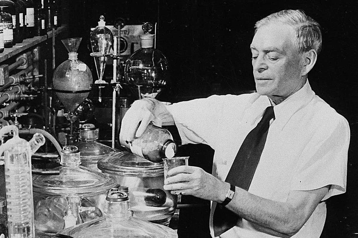 2NGGYHG Polish-born American biochemist Dr. Casimir Funk, who coined the term vitamin, is shown at work in his new research laboratory on W. 64th Street in New York City on Jan. 12, 1953. (AP Photo)